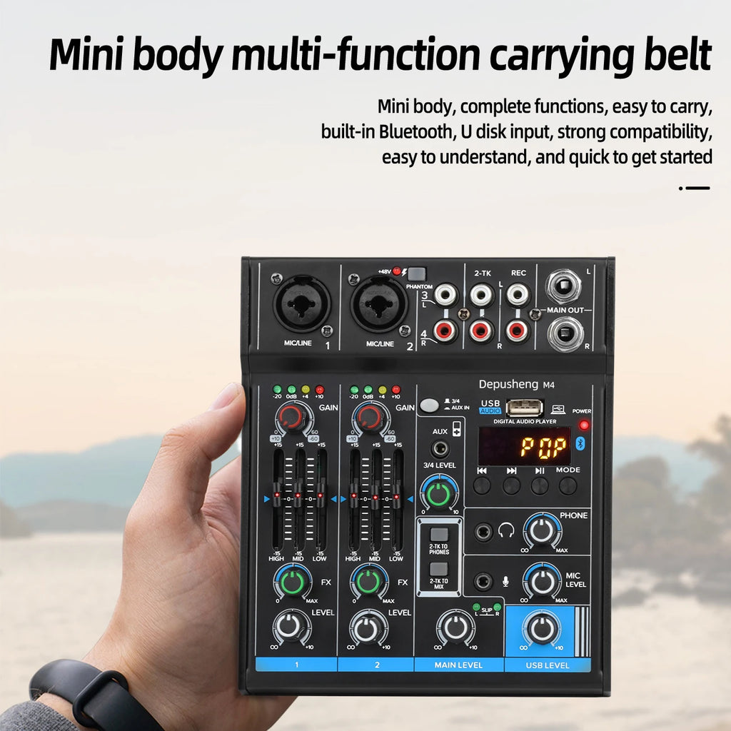 Audio Mixer Depusheng M4 4-Channels Mini Sound Mixing Console Bluetooth USB Record Computer 5V Repaeat Effect