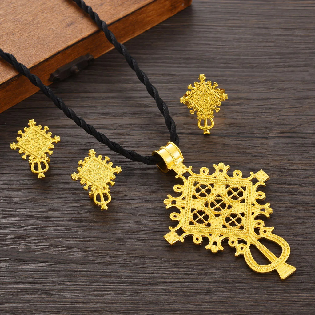 Ethiopian Eritrean Women Jewelry Sets Spcial Cross Pendant Earrings Ring African  Wedding Pretty Gold Color Jewelry Gifts