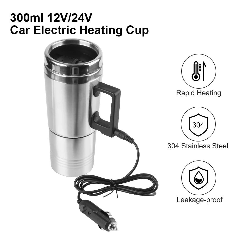 Electric Heating Car Kettle Stainless Steel 12V/24V 300ml Vehicle Heating Cup Camping Travel Kettle