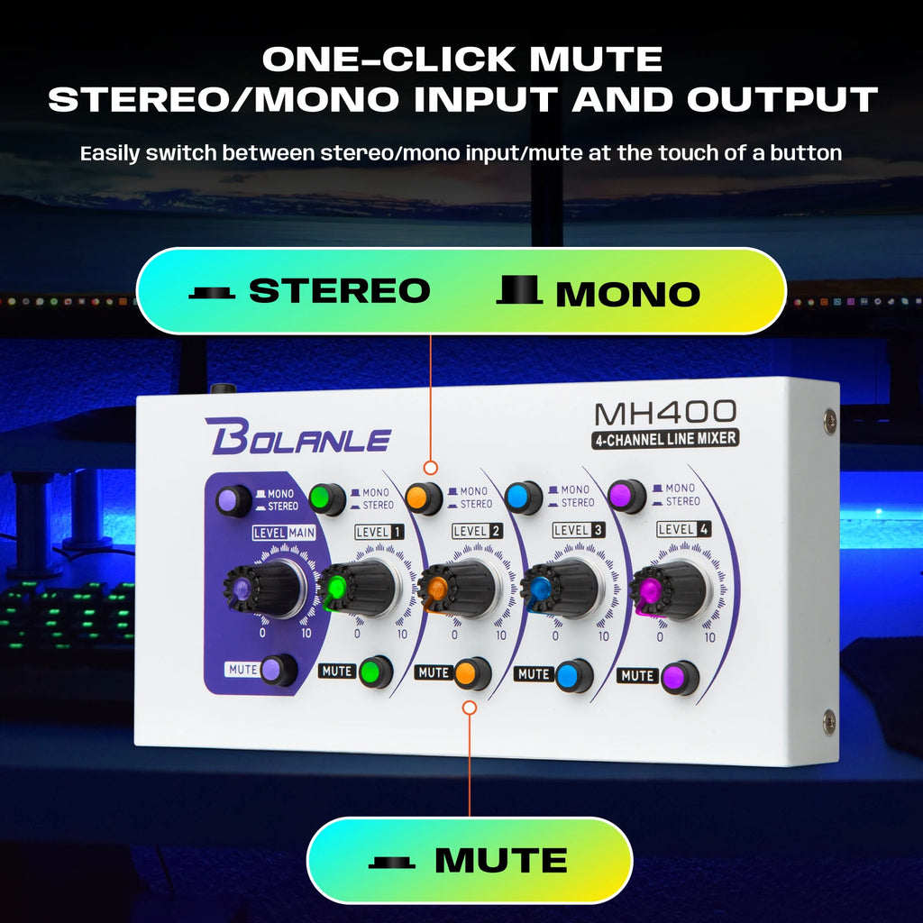 Bolanle Ultra Low-Noise 4-Channel Line Mixer Equipped with stereo mono switching and  mute function RGB lighting effect