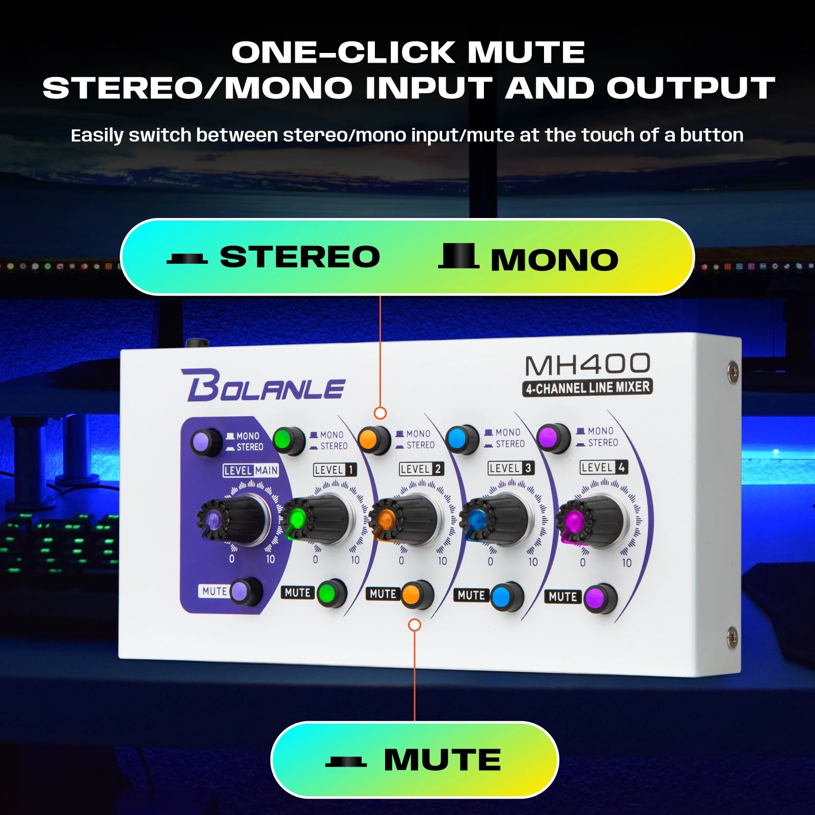 Bolanle Ultra Low-Noise 4-Channel Line Mixer Equipped with stereo mono switching and  mute function RGB lighting effect