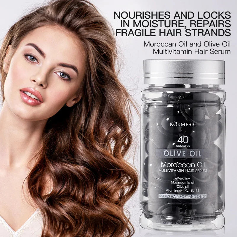 1ml*40 Capsules of Moroccan Oil and Olive Oil Multivitamin Hair Care Essence, Containing Moroccan Oil and Olive Oil Essence Ingredients, Smoothes Dry, Frizzy Hair, Repairs Split Ends, Strengthens Hair, Makes Your Hair More He