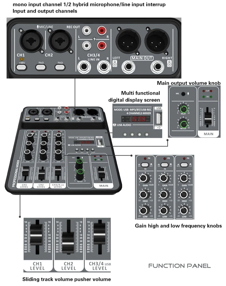 4 Channel Audio Mixer 48V Phantom Power USB Studio Sound Mixers Bluetooth DJ Console Mixing for Karaok