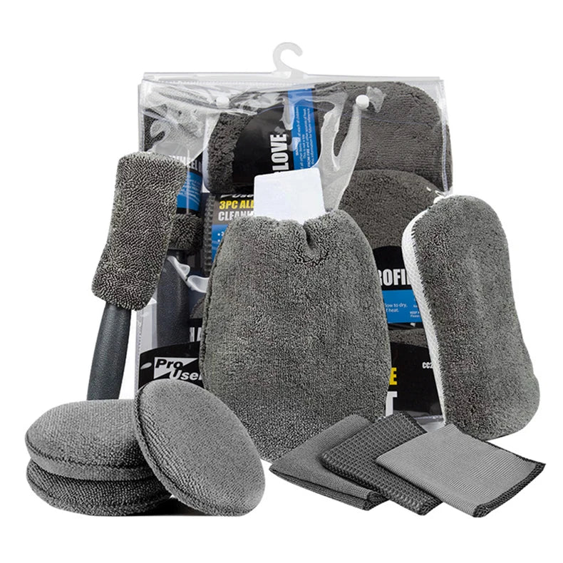 9pcs Car Wash Cleaning Kits Microfiber Towels Blush Sponge Wash Glove Polish Care Applicator Pads Auto Detailing Washing Tools