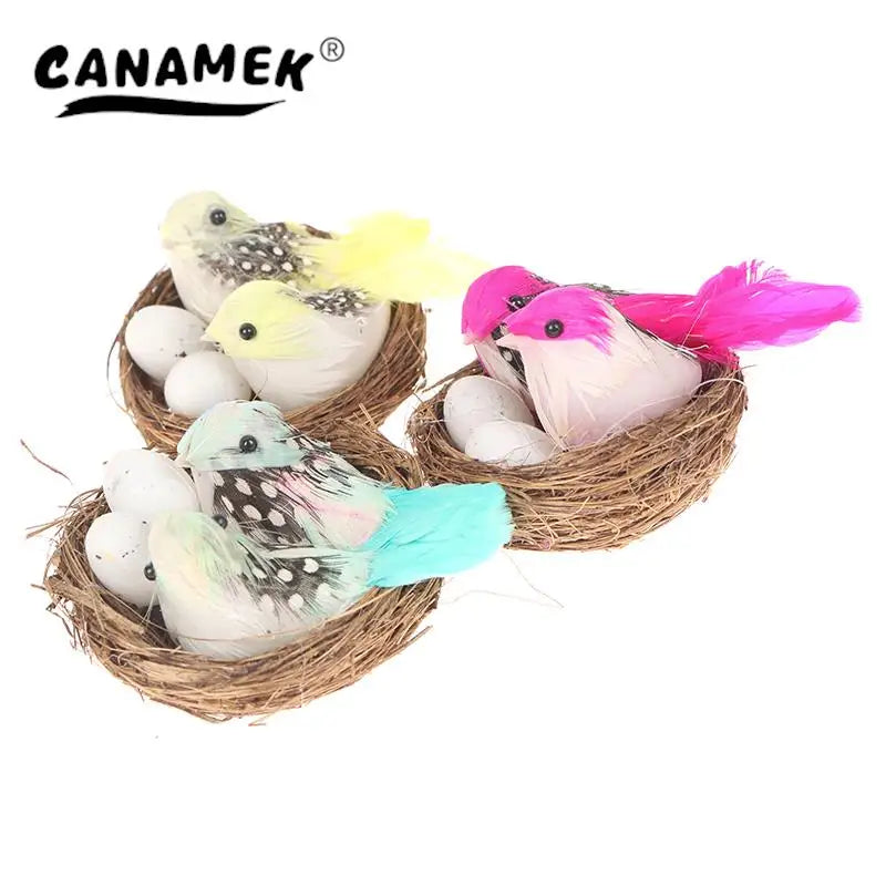 1 Set Artificial Feathered Birds & Nest & Egg Creative Craft Birds Sculpture Art Decoration Home Garden
