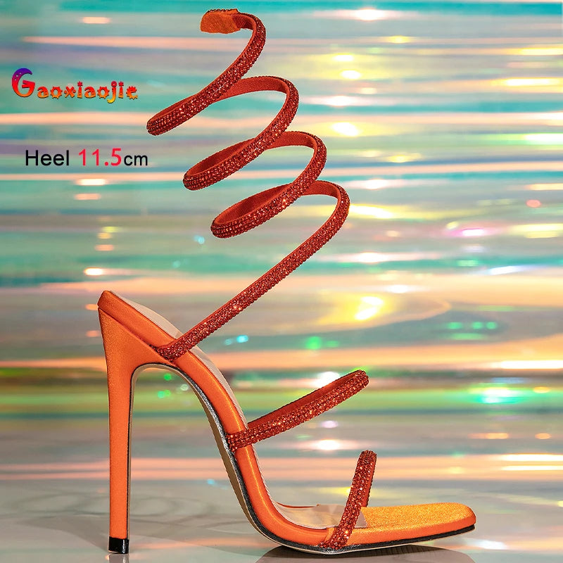 2025 New Women's Sandals Fashion Snake Shaped Sexy Rhinestone Super High Heels French Style Versatile Thin Heel losed Toe Sandal