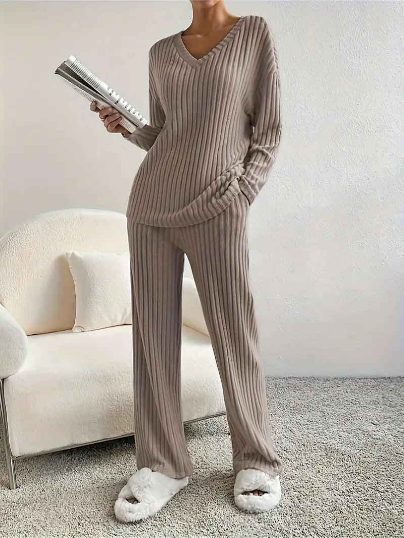 2025 Spring Fashion Women Homewear Set New Style Straight-leg Pants +Loose-fit V-neck Ribbed Knit Sweater Female Casual Pajamas