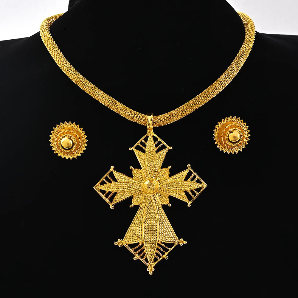 Ethiopian Big Size Pendant Chokers Collar and 2CM Earrings Ethiopian Jewelry Sets Eritrean African Habesha