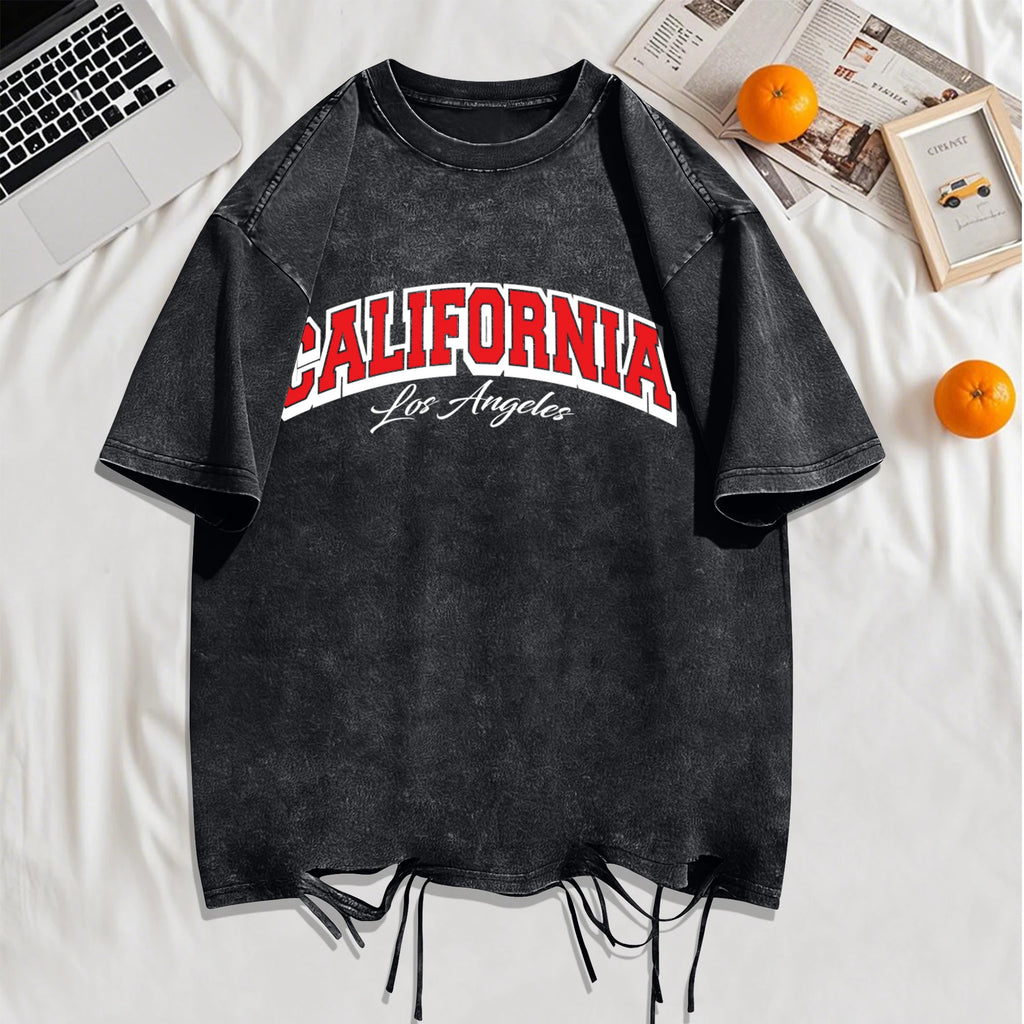 California Los Angeles City Art Letter Snow Wash Holes T-Shirt Mans Cotton Retro Tee All-Match Sportwear O-Neck Loose Clothing