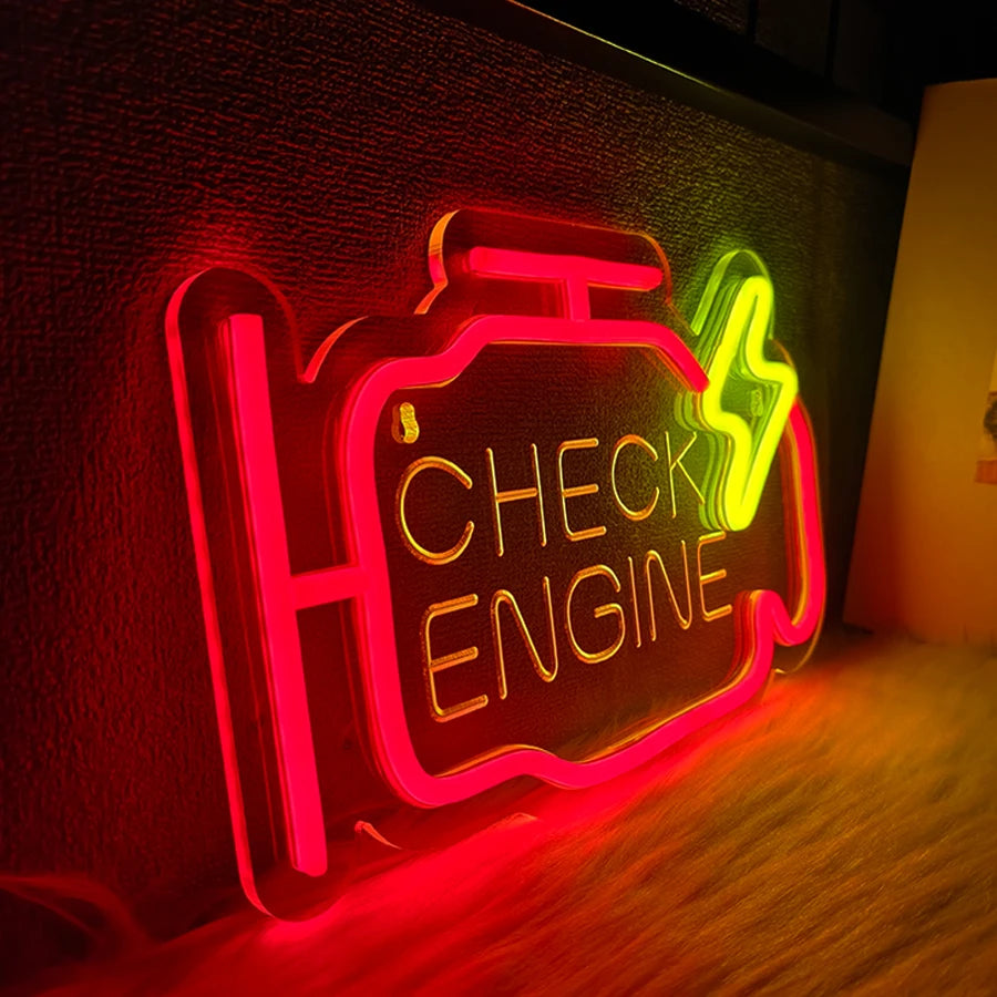 Check Engine Led Neon Sign, Repair Tool Icon, Dad'S Wall Art Gift, Man Cave, Auto Repair Shop, Workshop, Garage And Party Decor.