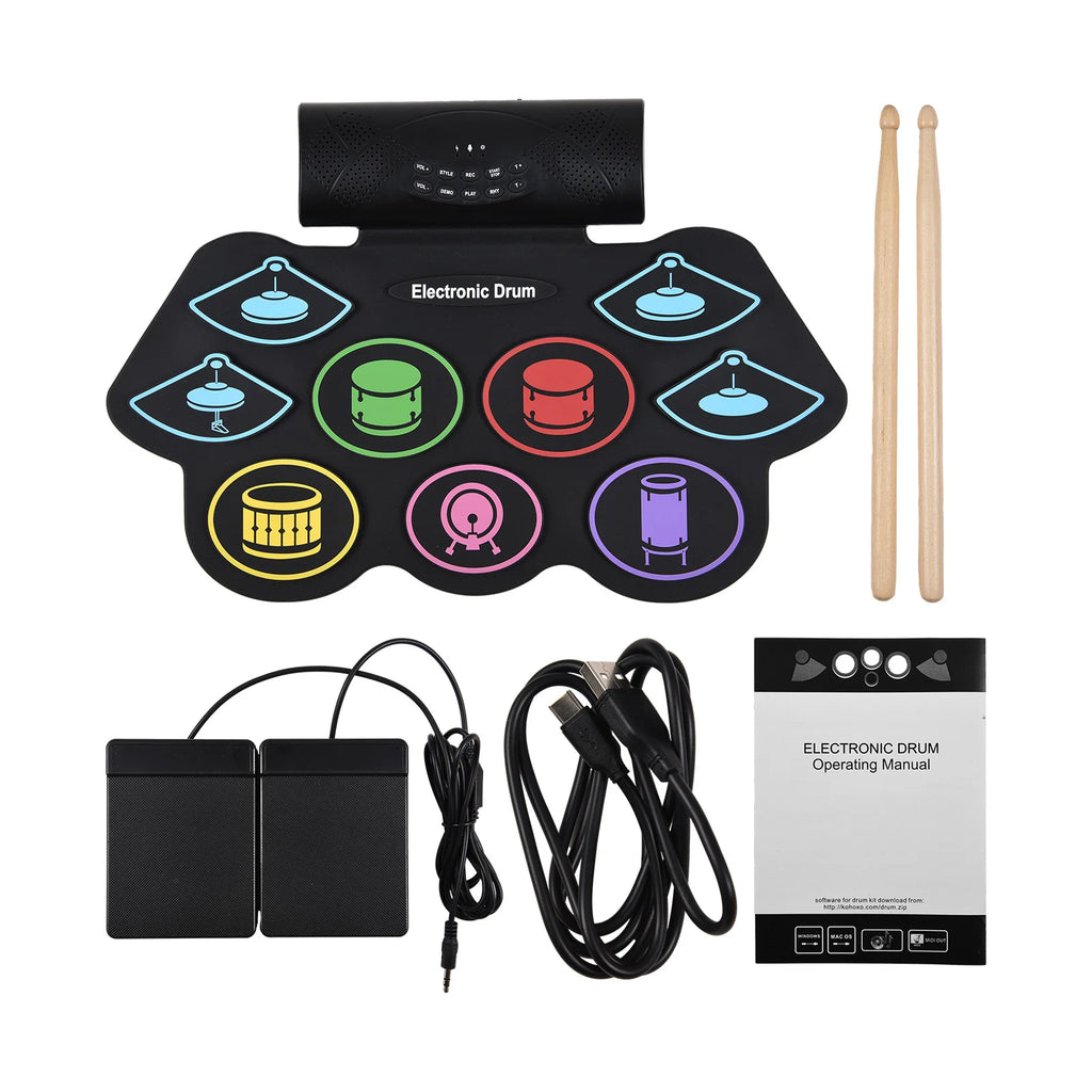 Electronic Drum Set Hand Roll Drum Percussion Instrument 9 Pads BT External Sound Drumsticks Foot Pedal MIDI Interface Speaker