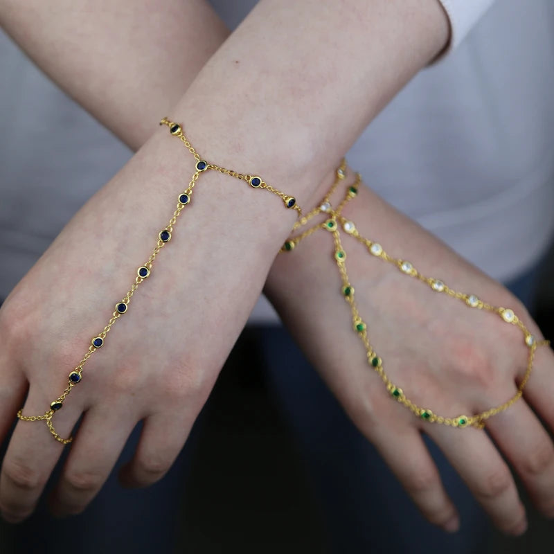2023 Summer Jewelry Pendant Link Chain Ring Bracelet for Women White Green Blue Stone CZ Gold Plated Adjust Bracelet Accessories
