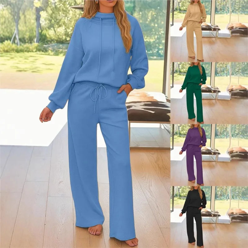 Conjuntos Deportivos Para Mujer Spring Hooded Long-sleeved Pullover Sweatshirt Drawstring Wide-leg Trousers 2-piece Women's Suit
