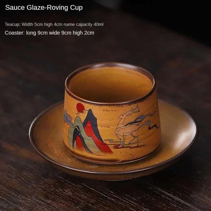 2-piece set Handmade retro sauce glazed tea cup, tea tasting cup, household cup, kung fu tea cup ceramic cup, owner's single cup