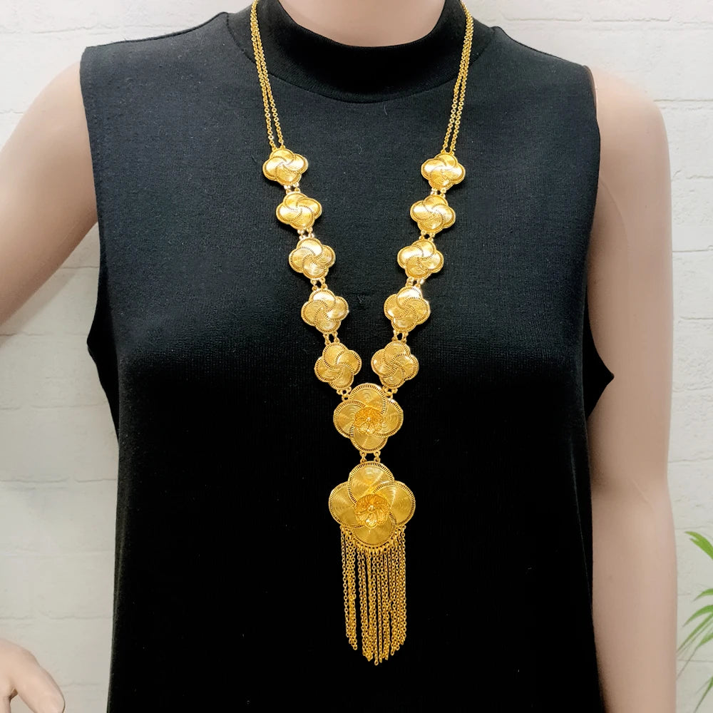 Ethiopia Africa Luxury Gold Color Jewelry Set Wedding Party Exquisite Women Wearing Earrings and Pendant Set