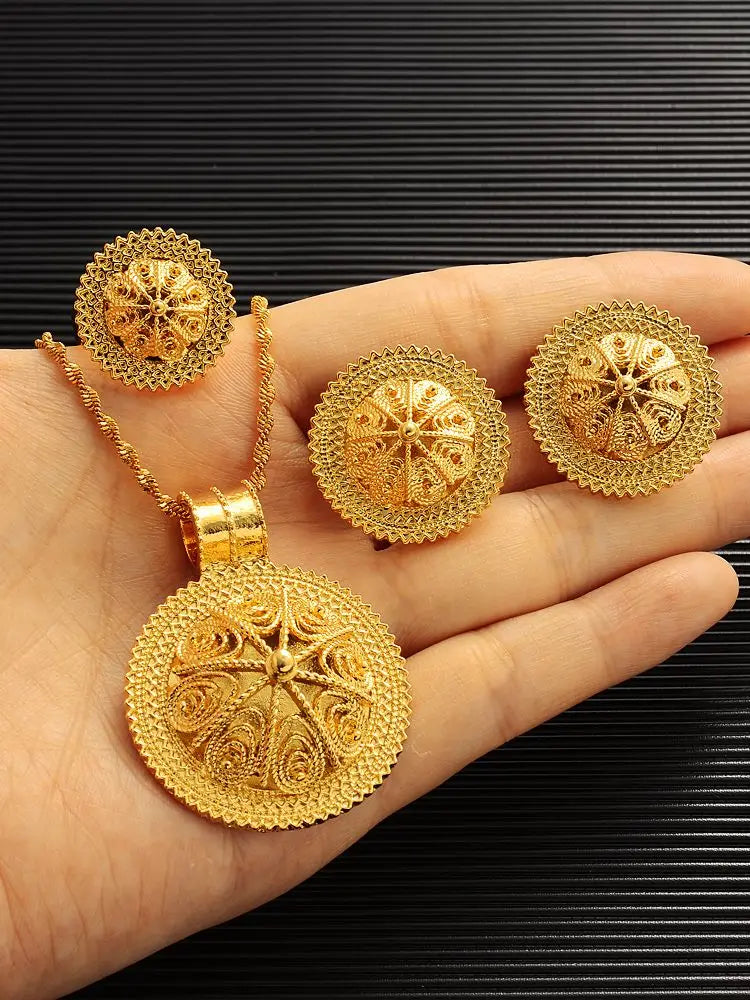 24K Gold Plated Fashion Ethiopian Earrings/Pendant/Ring Jewelry Sets Gold Plate Africa Bride Wedding Eritrea Set Gift