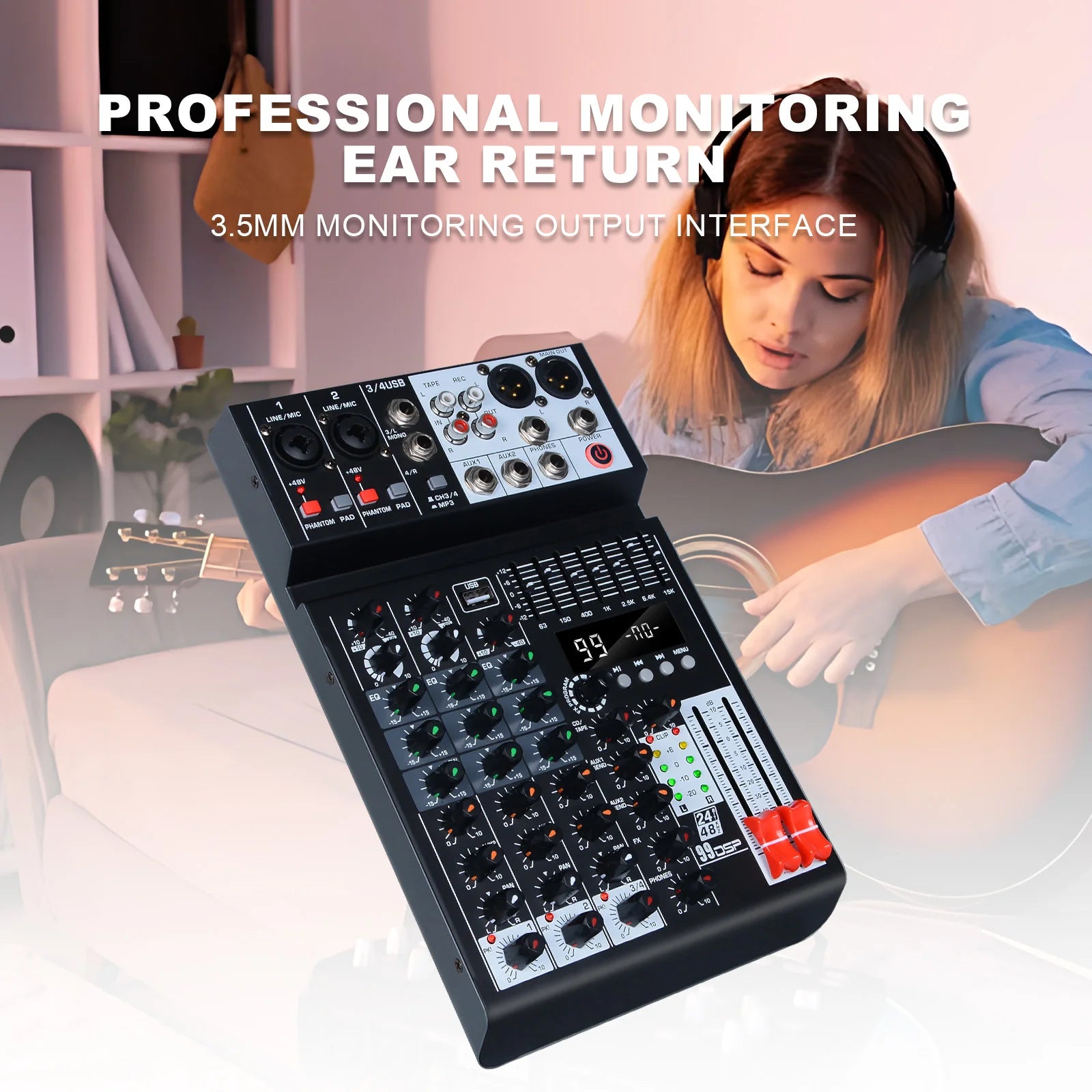 99 effects 4-channel mixing console with balance adjustment function Digital USB Bluetooth Echo Delay Effect 48V Stereo