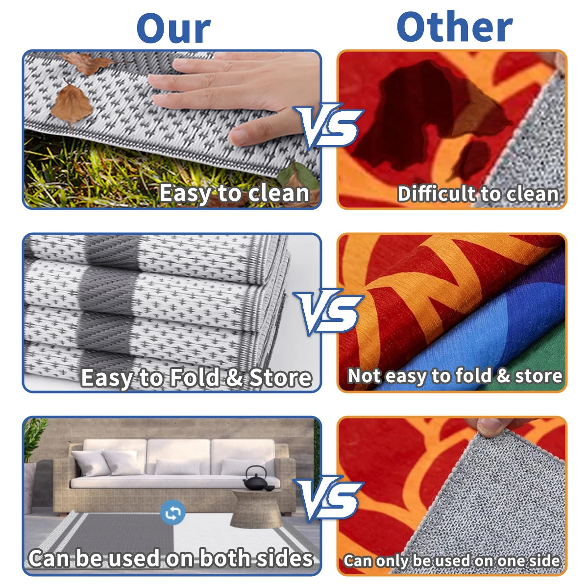 6' x 9' Outdoor Mat with Ground Pegs - Durable PP Material, Gray and White Grid Pattern, Perfect for Patio, Camping and Outdoor