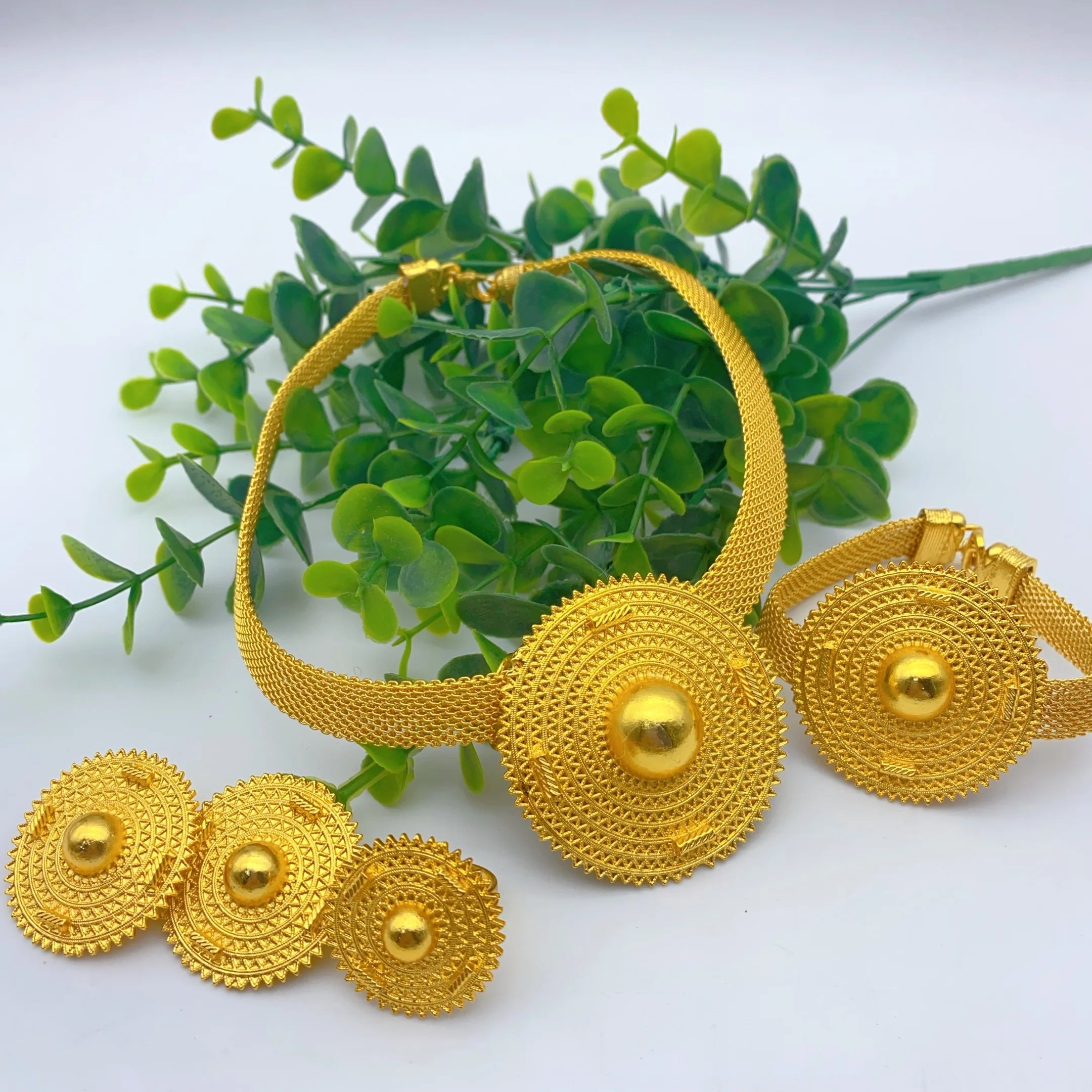 Ethiopian 24k Gold Color Charm Necklace Earrings Set For Lady Africa Big Pendant Choker Jewelry Wedding Party Accessories