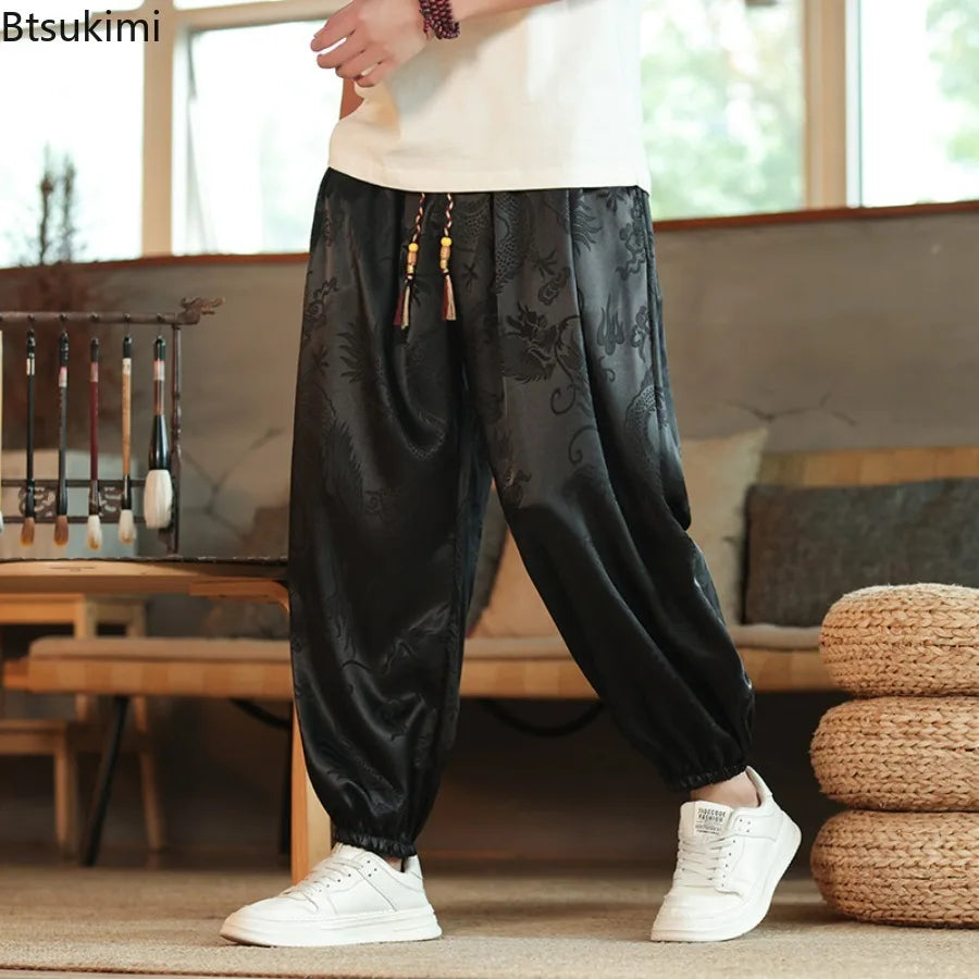 2026 Men's Chinese Style Pants Summer Ice Silk Casual Trousers Vintage Dragon Print High Quality Loose Wide Leg Harem Pants Male