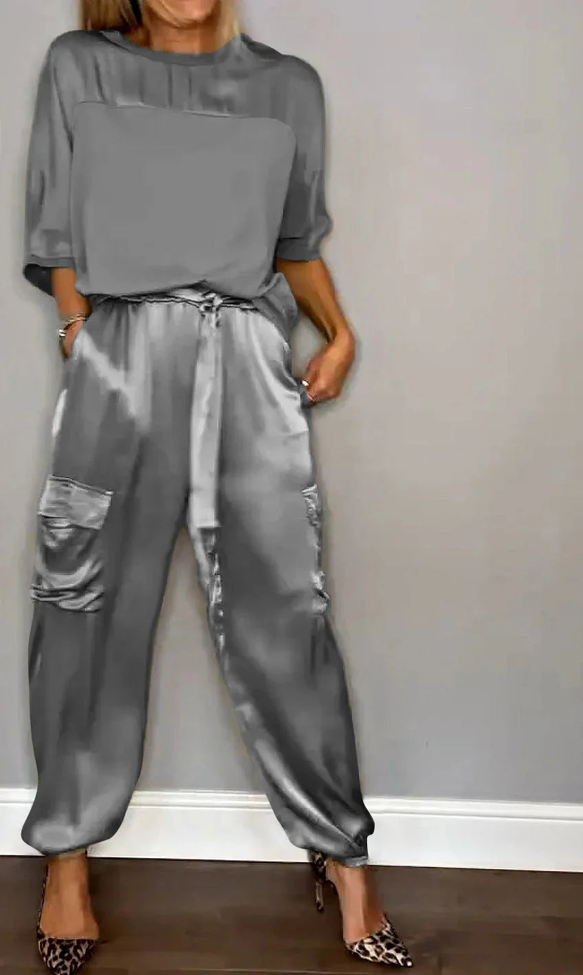2024 Spring Women's New Fashionable Smooth Satin Half Sleeve Top With Strap Pants Pocket Set Half Sleeve Pants Two Piece Set