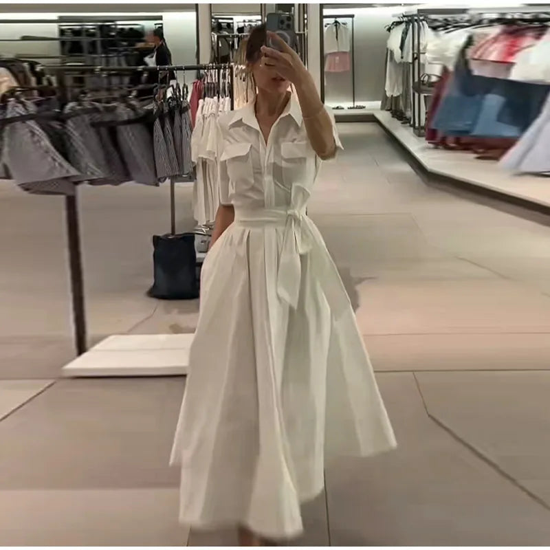Casual Striped Women Summer Dress Lapel Single Breast Half Sleeve Slim Waist Long Dresses 2025 Autumn Lady Fashion Vacation Robe