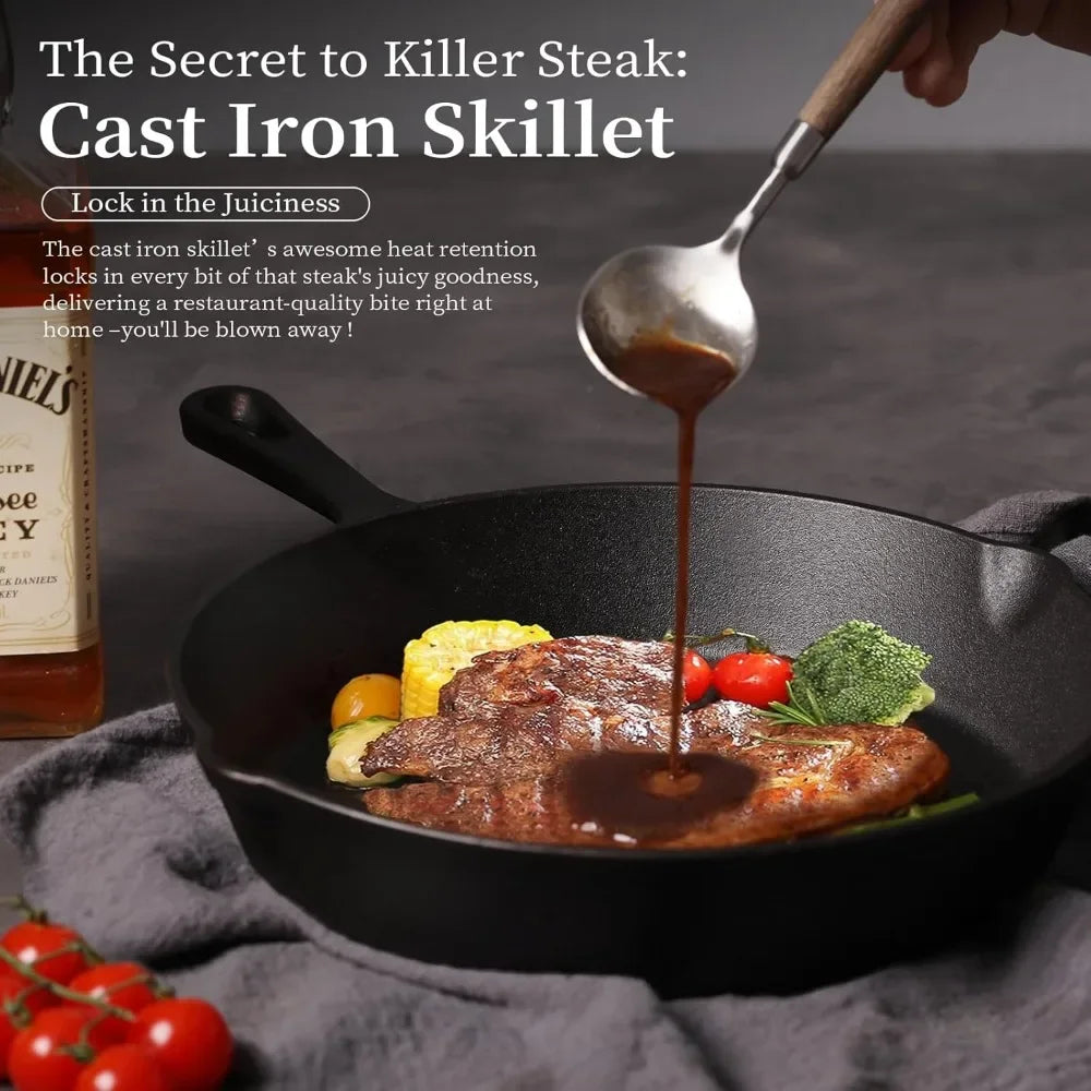 Cast Iron Skillets Round Reusable Frying Pans Griddle Egg Pan Suitable for Indoor Outdoor Stove Grill Home Kitchen Cookware