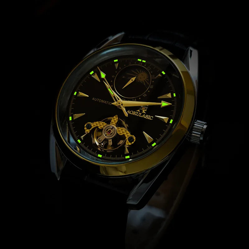 AOKULASIC Luxury Mens Automatic Mechanical Watch Moon Phase Stars Tourbillon Luminous Waterproof Fashion Wristwatch