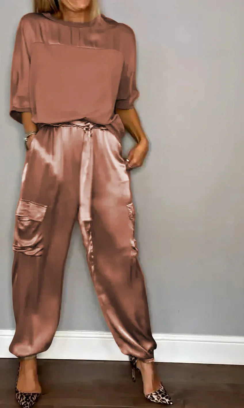 2024 Spring Women's New Fashionable Smooth Satin Half Sleeve Top With Strap Pants Pocket Set Half Sleeve Pants Two Piece Set