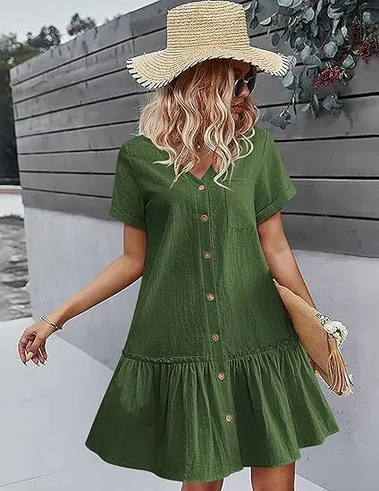 Casual Cotton Linen Summer Mini Dress For Women V-Neck Ruffles Short Sleeve Short Dress Ladies Fashion Loose Button Dresses