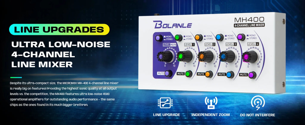 Bolanle Ultra Low-Noise 4-Channel Line Mixer Equipped with stereo mono switching and  mute function RGB lighting effect