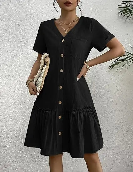 Casual Cotton Linen Summer Mini Dress For Women V-Neck Ruffles Short Sleeve Short Dress Ladies Fashion Loose Button Dresses