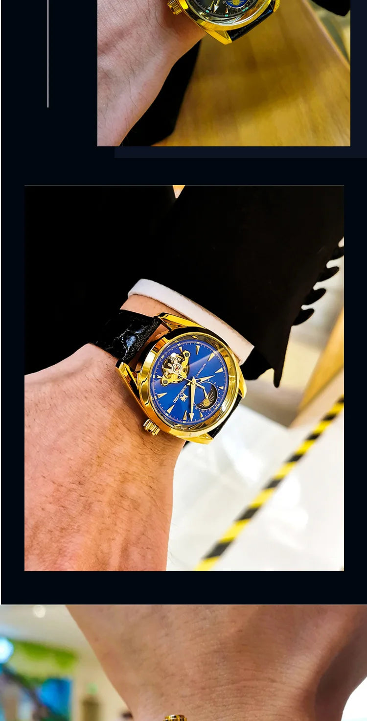 AOKULASIC Luxury Mens Automatic Mechanical Watch Moon Phase Stars Tourbillon Luminous Waterproof Fashion Wristwatch