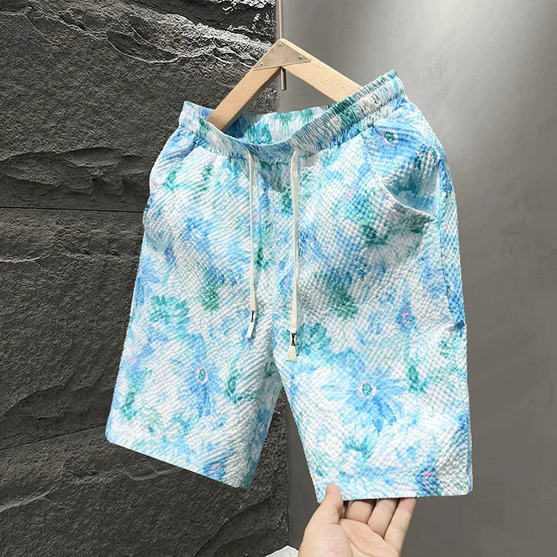 Casual Seersucker Texture Shorts Quick-Dry Breathable Straight Elastic Waist Printing Street Vacation Shorts Loose Fit Shorts