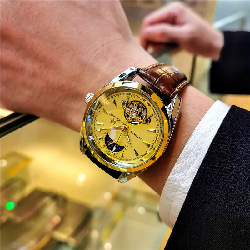 AOKULASIC Luxury Mens Automatic Mechanical Watch Moon Phase Stars Tourbillon Luminous Waterproof Fashion Wristwatch
