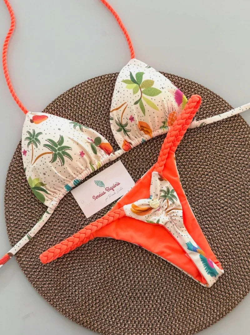 2026 New Bikinis Women Swimsuit Sexy Swimwear Halter Bikini Set Lace-up Biquine Brasileiro Thong Print Beachwear Party Wear