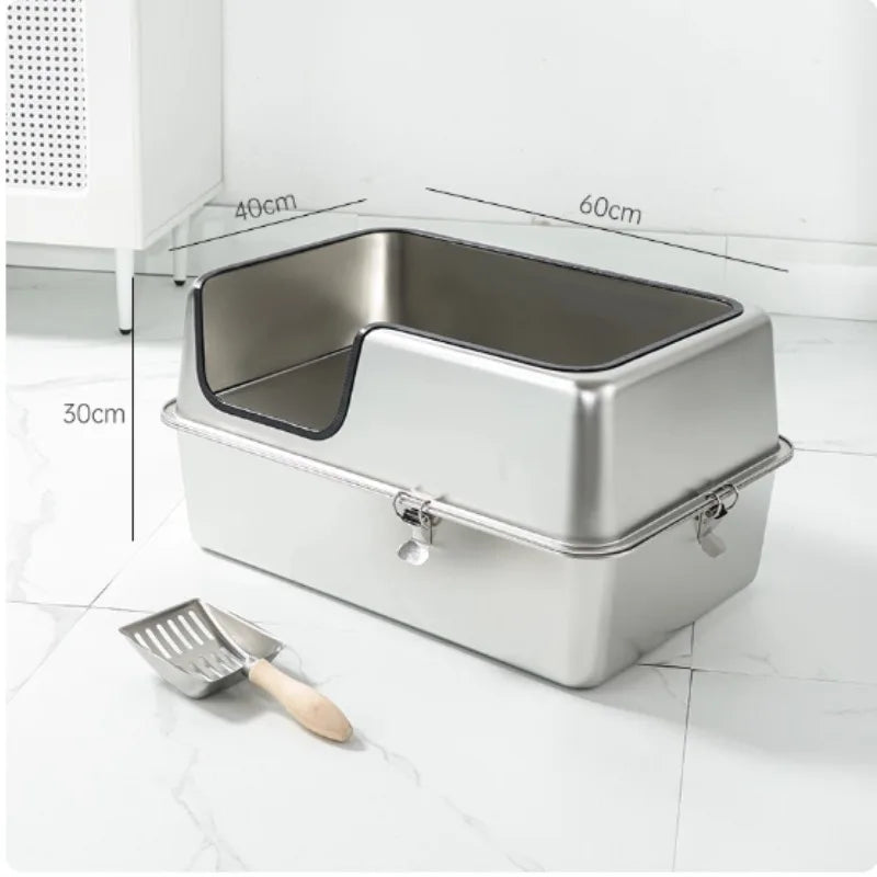 Extra-Large 60cm Cat Litter Box Stainless Steel Cat Poop Tray Raised Fence Cat Toilet Odor-Proof Anti-Splash Pet Litter Box