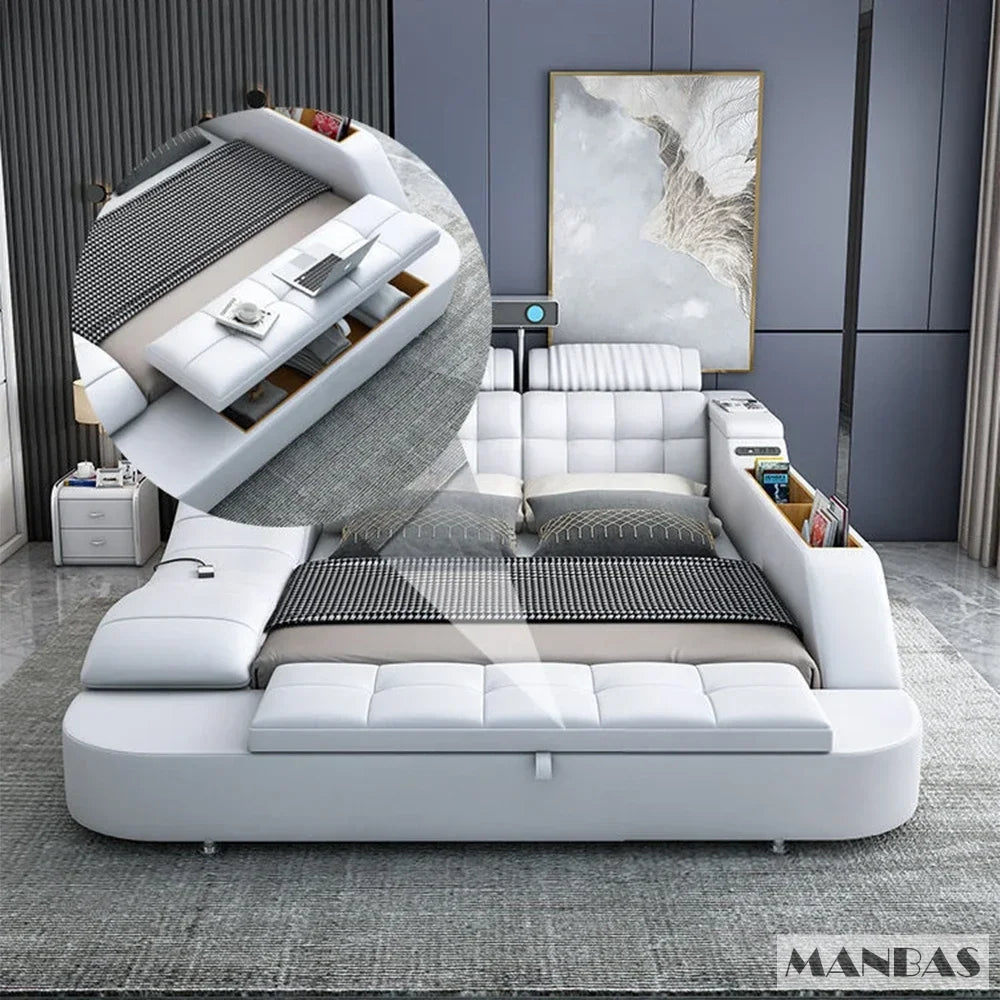 D MANBAS Tech Smart Genuine Leather Bed | Multifunctional Ultimate Beds | Massage Tatami Bed With Projecter | Upholstered Cama