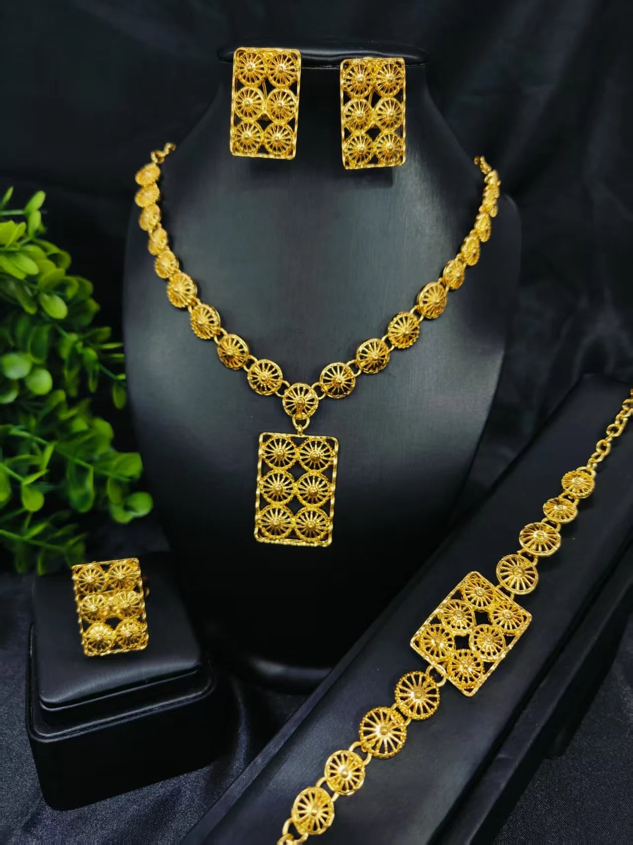 Ethiopian  Necklace Earrings Bangle Ring Jewelry Set For Women 24K Gold Plated Dubai Indian African Bridal Wedding Party Jewelle