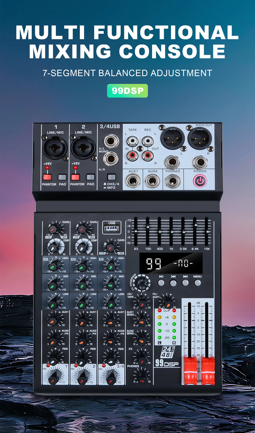99 effects 4-channel mixing console with balance adjustment function Digital USB Bluetooth Echo Delay Effect 48V Stereo