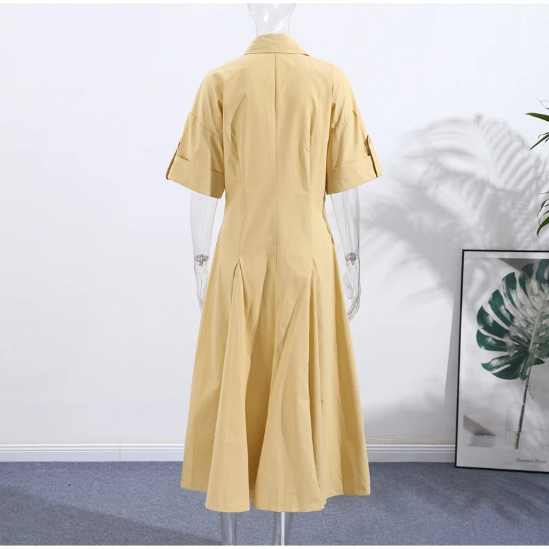 Casual Striped Women Summer Dress Lapel Single Breast Half Sleeve Slim Waist Long Dresses 2025 Autumn Lady Fashion Vacation Robe