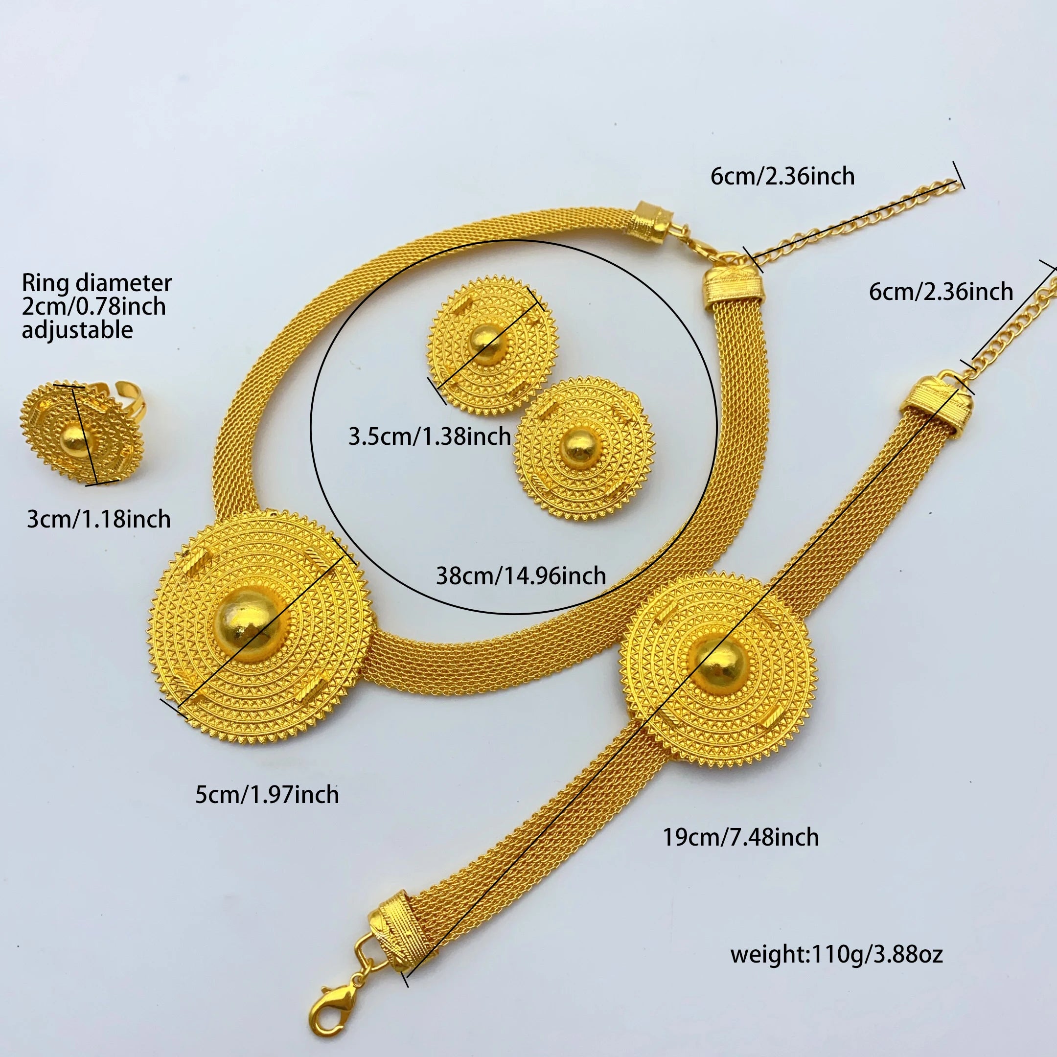 Ethiopian 24k Gold Color Charm Necklace Earrings Set For Lady Africa Big Pendant Choker Jewelry Wedding Party Accessories