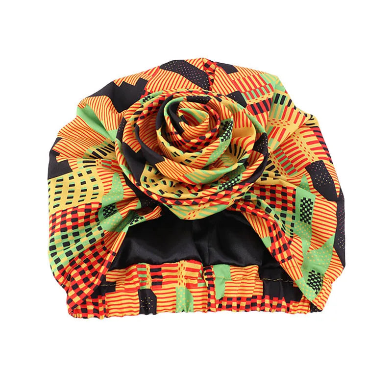 Big Flower Women's African Turban Cap Satin Lining Africa Pattern Printed Headwear Hat Female Head Wraps Ankara Hair Head Hat