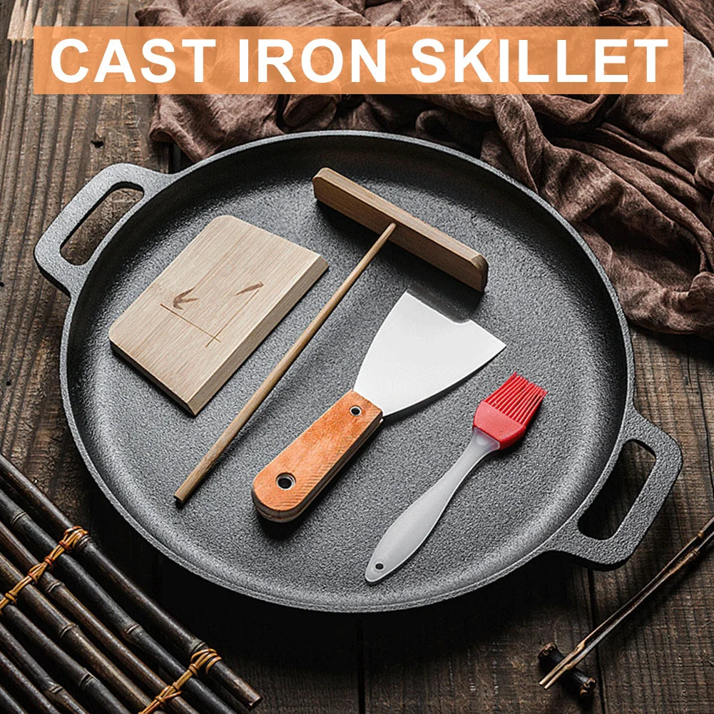 Cast Iron Frying Pan For Home Use Pizza Pancake Fry Pan Non-Stick Round Griddle For Crepes Camping BBQ Grill for Outdoor Cookwar
