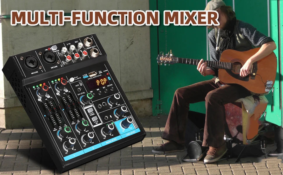 Audio Mixer Depusheng M4 4-Channels Mini Sound Mixing Console Bluetooth USB Record Computer 5V Repaeat Effect