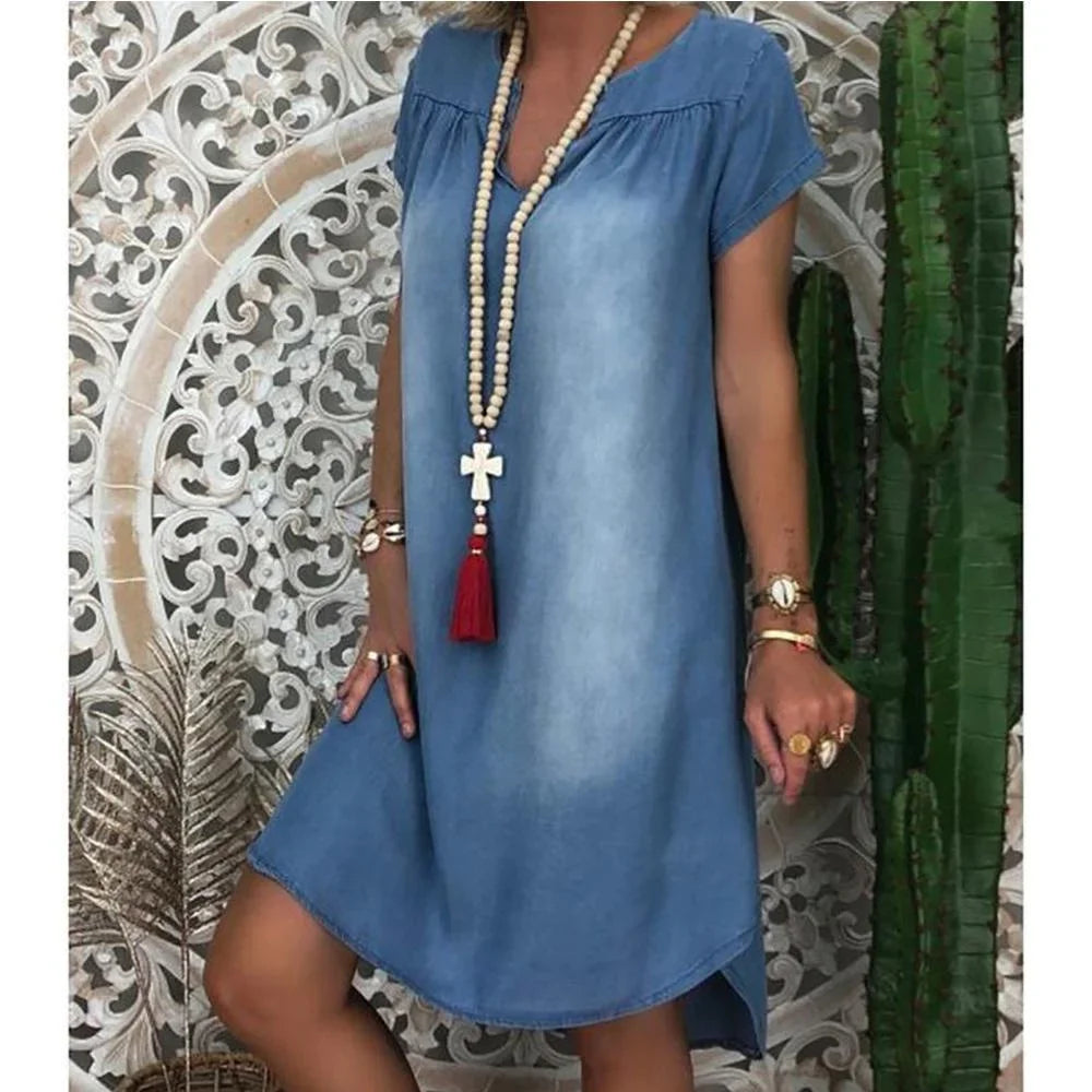 Denim Dress Swing Summer Dress Plus Size 1XL-5XL Women's New Fashion Casual Solid V Neck Long Party Loose Short Sleeve