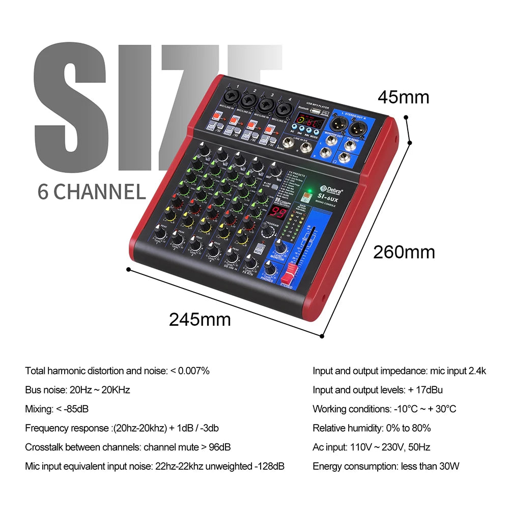 4 6 8-channel portable audio mixer, 99 DSP digital effects, Bluetooth 5.0 USB tuner for DJ consoles, karaoke, music festivals