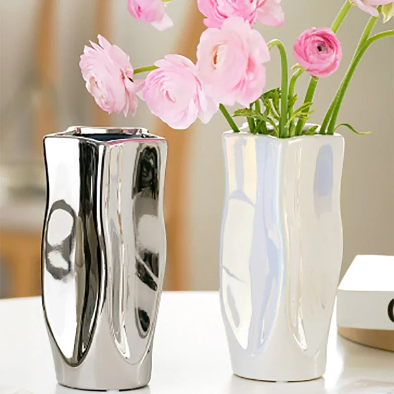 Ceramic Vase Flower Luxury Electroplated Silver Arrangement Irregular Porcelain Hydroponic Vase Ornament Interior Art Decoration