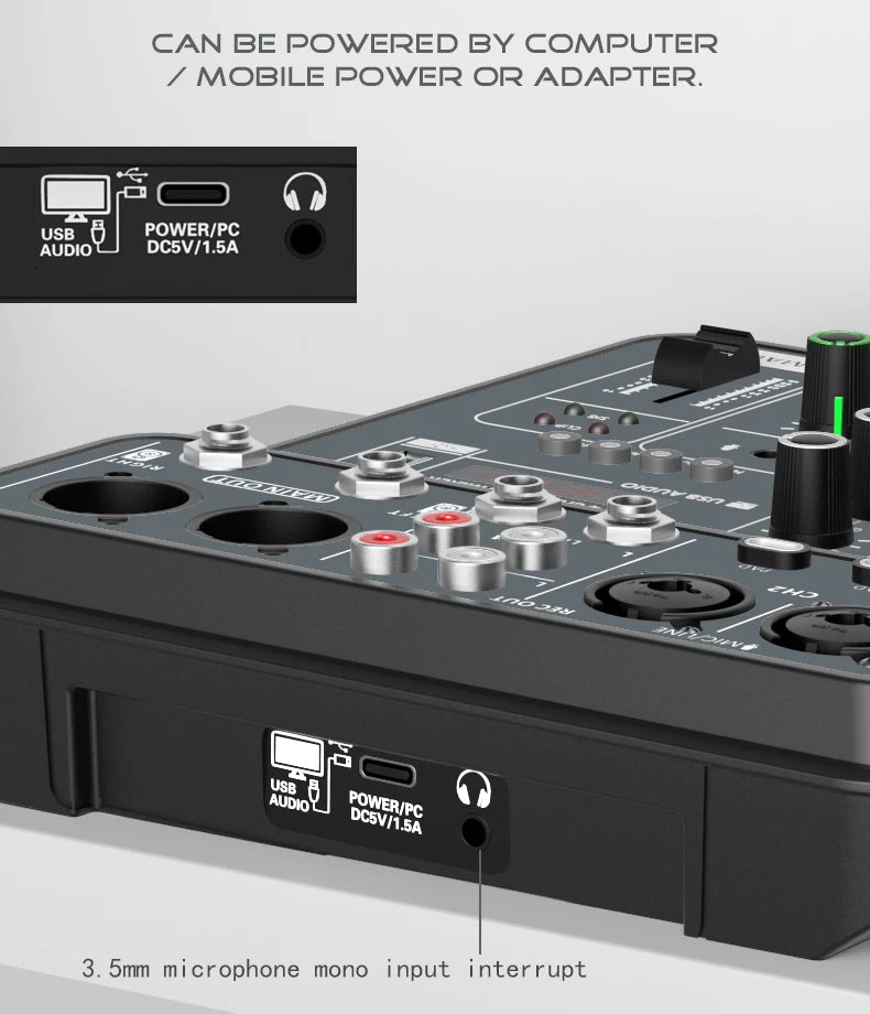 4 Channel Audio Mixer 48V Phantom Power USB Studio Sound Mixers Bluetooth DJ Console Mixing for Karaok