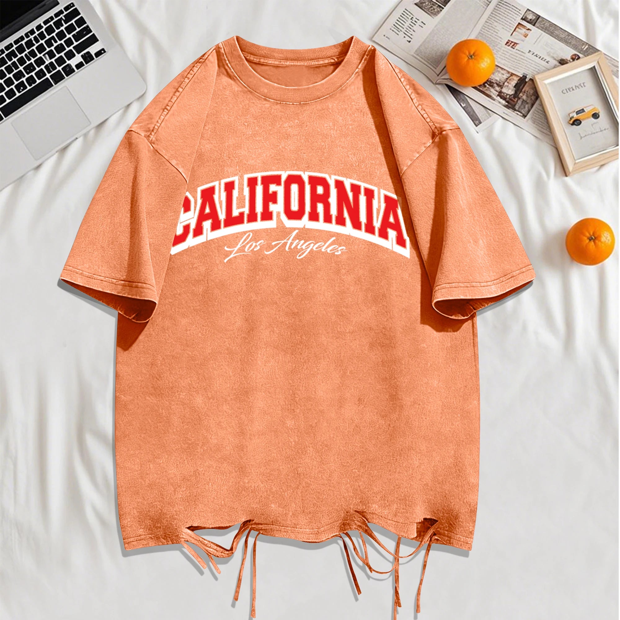 California Los Angeles City Art Letter Snow Wash Holes T-Shirt Mans Cotton Retro Tee All-Match Sportwear O-Neck Loose Clothing